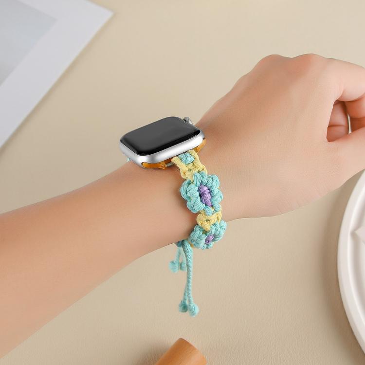 For Apple Watch 46mm / 49mm / 45mm / 44mm Hemp Rope Woven Flowers Drawstring Watch Band(Teal Green) - free shipping - PMC TechLife - Order now!