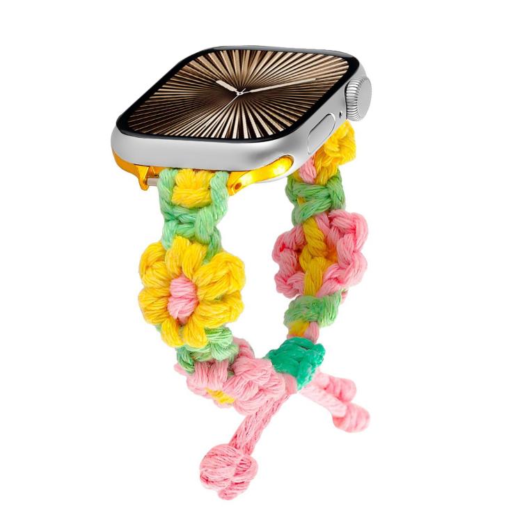 For Apple Watch 42mm / 41mm / 40mm / 38mm Hemp Rope Woven Flowers Drawstring Watch Band(Yellow Pink) - free shipping - PMC TechLife - Order now!