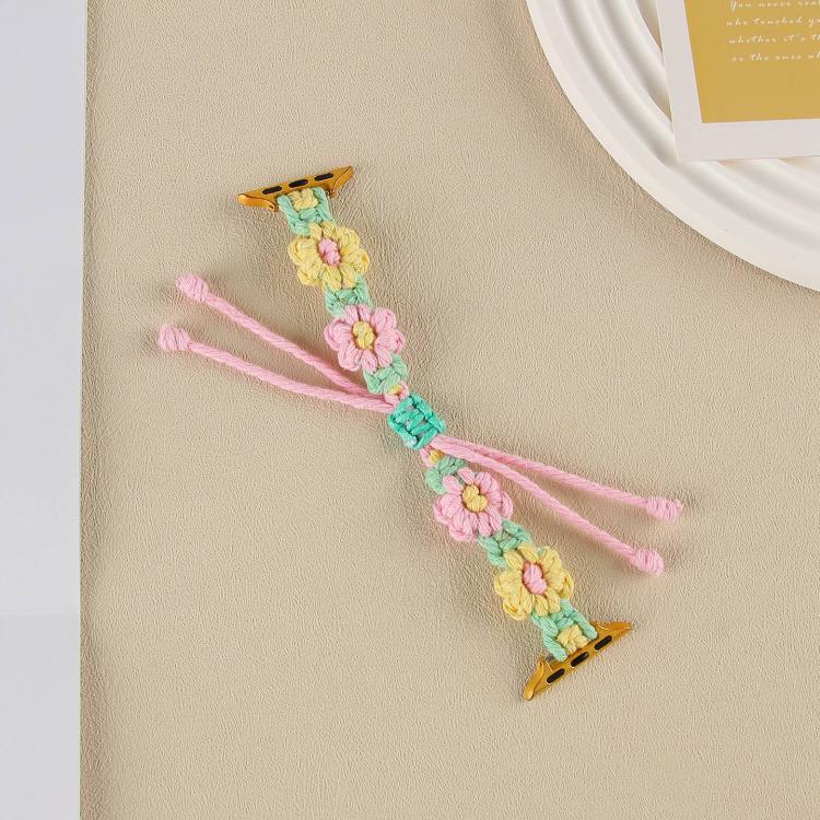 For Apple Watch 42mm / 41mm / 40mm / 38mm Hemp Rope Woven Flowers Drawstring Watch Band(Yellow Pink) - free shipping - PMC TechLife - Order now!