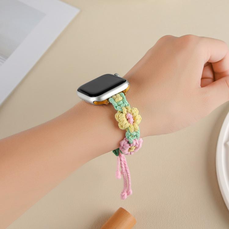 For Apple Watch 42mm / 41mm / 40mm / 38mm Hemp Rope Woven Flowers Drawstring Watch Band(Yellow Pink) - free shipping - PMC TechLife - Order now!