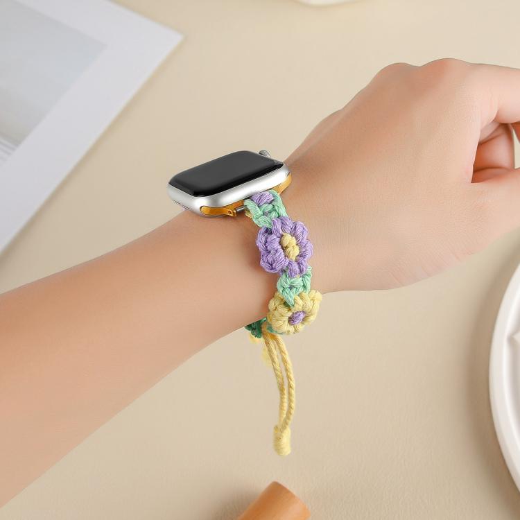 For Apple Watch 42mm / 41mm / 40mm / 38mm Hemp Rope Woven Flowers Drawstring Watch Band(Purple Yellow) - free shipping - PMC TechLife - Order now!