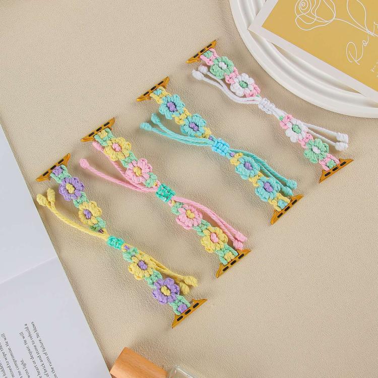 For Apple Watch 42mm / 41mm / 40mm / 38mm Hemp Rope Woven Flowers Drawstring Watch Band(Yellow Pink) - free shipping - PMC TechLife - Order now!