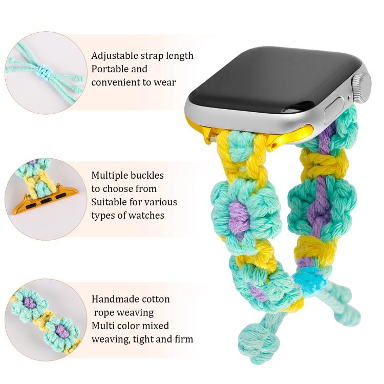 For Apple Watch 46mm / 49mm / 45mm / 44mm Hemp Rope Woven Flowers Drawstring Watch Band(Green White) - free shipping - PMC TechLife - Order now!