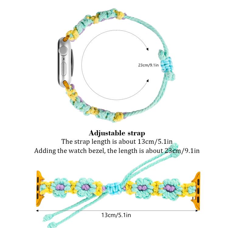 For Apple Watch 46mm / 49mm / 45mm / 44mm Hemp Rope Woven Flowers Drawstring Watch Band(Teal Green) - free shipping - PMC TechLife - Order now!