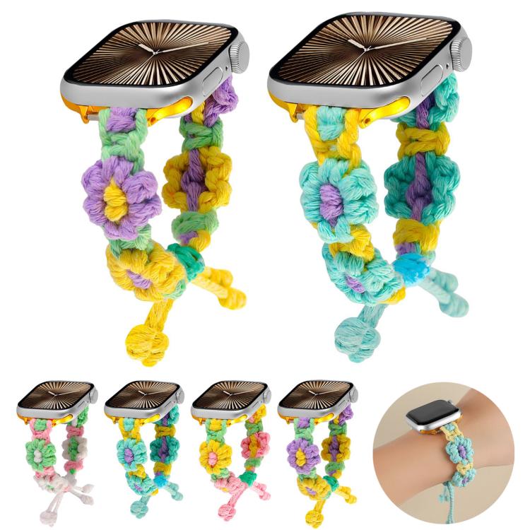 For Apple Watch 42mm / 41mm / 40mm / 38mm Hemp Rope Woven Flowers Drawstring Watch Band(Green White) - free shipping - PMC TechLife - Order now!