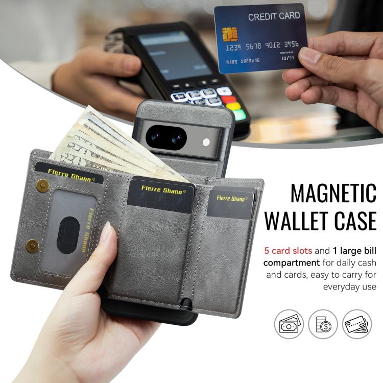 For Google Pixel 7 Fierre Shann 2 in 1 Holder RFID Card Slot Wallet MagSafe Phone Case(Grey) - free shipping - PMC TechLife - Order now!