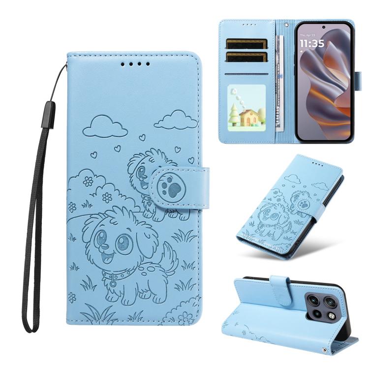 For Motorola Edge 50 Neo 5G Embossed Heart Dog RFID Blocking Wallet Leather Phone Case(Sky Blue) - free shipping - PMC TechLife - Order now!