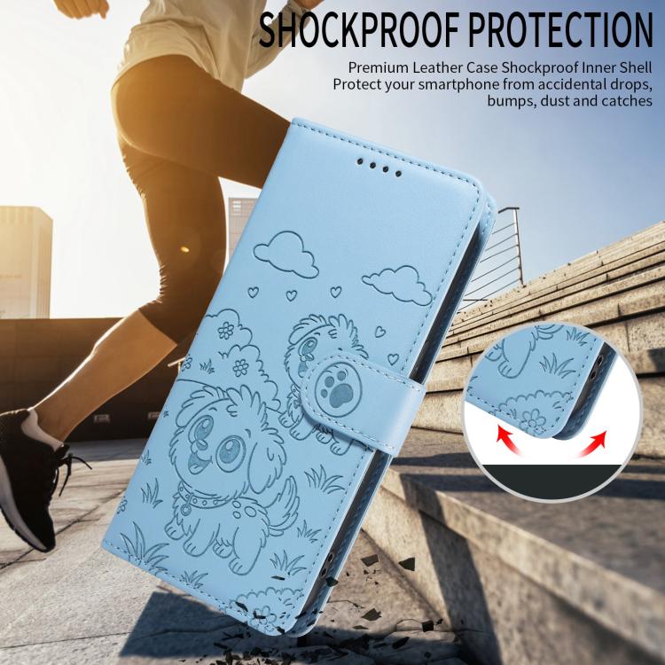 For Motorola Edge 50 Neo 5G Embossed Heart Dog RFID Blocking Wallet Leather Phone Case(Sky Blue) - free shipping - PMC TechLife - Order now!