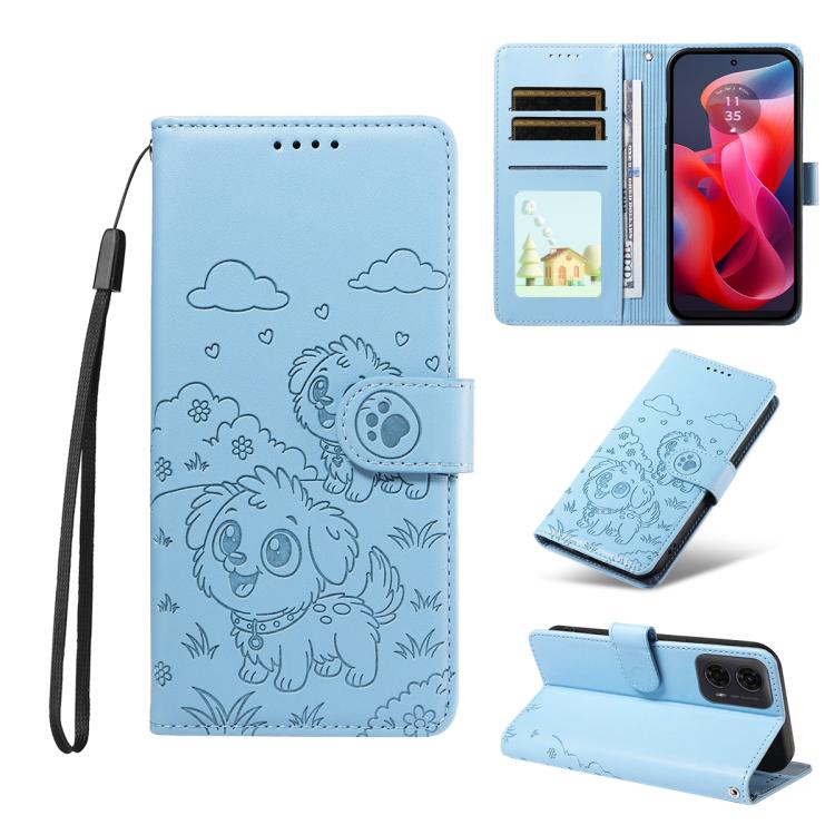 For Motorola Moto G04 / G24 / E14 Embossed Heart Dog RFID Blocking Wallet Leather Phone Case(Sky Blue) - free shipping - PMC TechLife - Order now!