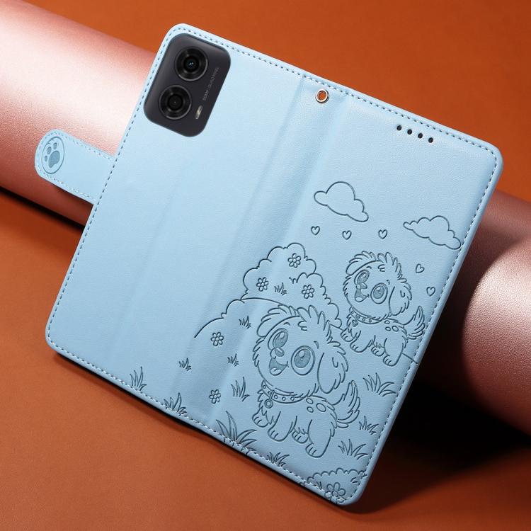 For Motorola Moto G04 / G24 / E14 Embossed Heart Dog RFID Blocking Wallet Leather Phone Case(Sky Blue) - free shipping - PMC TechLife - Order now!