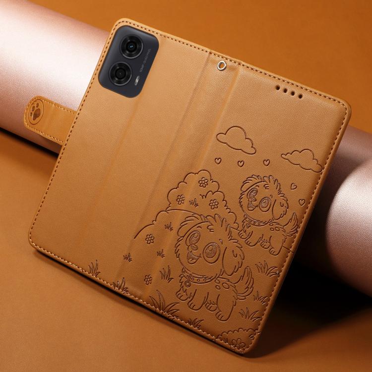 For Motorola Moto G04 / G24 / E14 Embossed Heart Dog RFID Blocking Wallet Leather Phone Case(Brown) - free shipping - PMC TechLife - Order now!