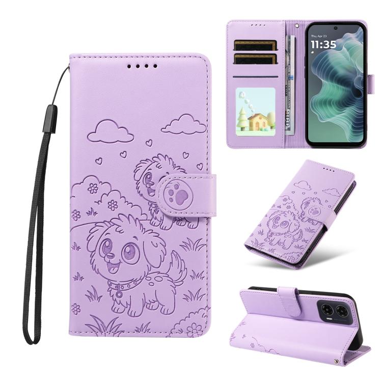 For Motorola Moto G35 5G Embossed Heart Dog RFID Blocking Wallet Leather Phone Case(Purple) - free shipping - PMC TechLife - Order now!