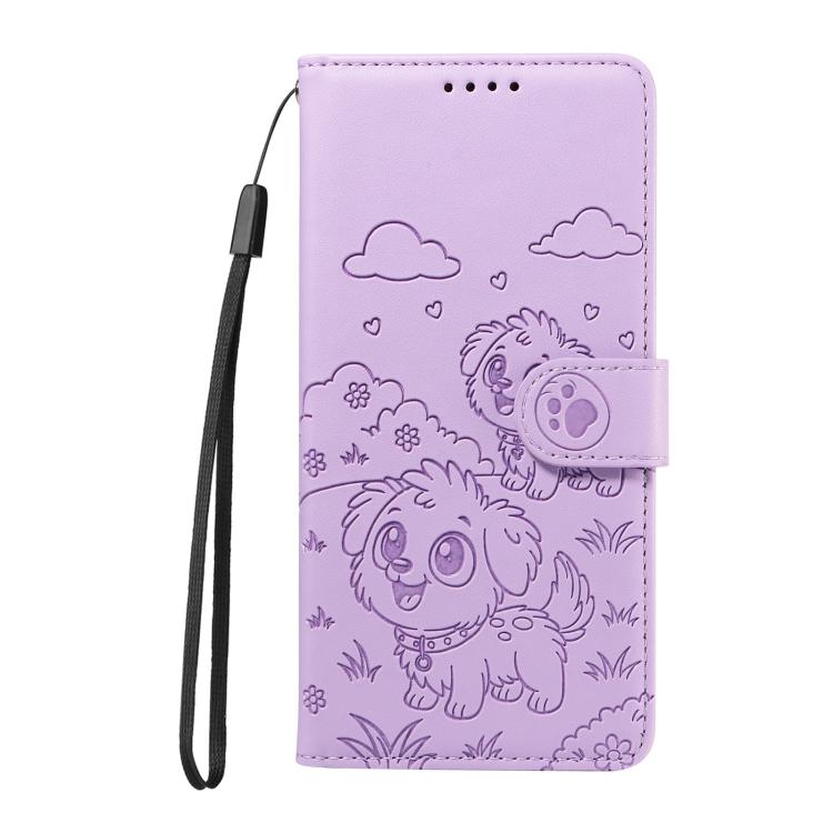 For Motorola Moto G35 5G Embossed Heart Dog RFID Blocking Wallet Leather Phone Case(Purple) - free shipping - PMC TechLife - Order now!