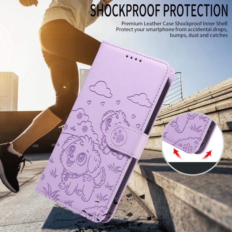 For Motorola Moto G35 5G Embossed Heart Dog RFID Blocking Wallet Leather Phone Case(Purple) - free shipping - PMC TechLife - Order now!