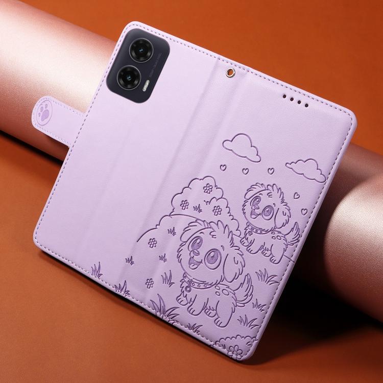 For Motorola Moto G35 5G Embossed Heart Dog RFID Blocking Wallet Leather Phone Case(Purple) - free shipping - PMC TechLife - Order now!