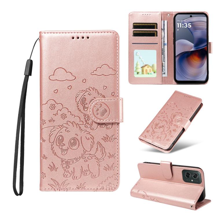 For Motorola Moto G55 5G Embossed Heart Dog RFID Blocking Wallet Leather Phone Case(Rose Gold) - free shipping - PMC TechLife - Order now!