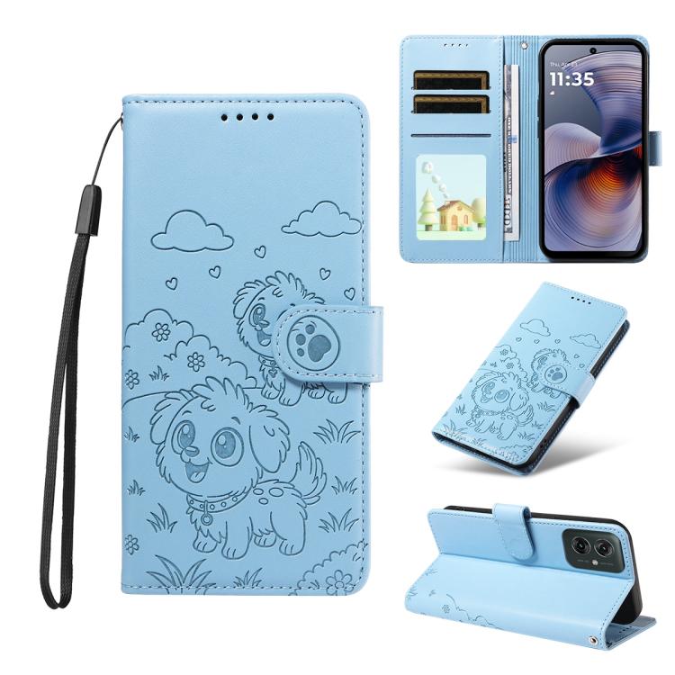 For Motorola Moto G55 5G Embossed Heart Dog RFID Blocking Wallet Leather Phone Case(Sky Blue) - free shipping - PMC TechLife - Order now!
