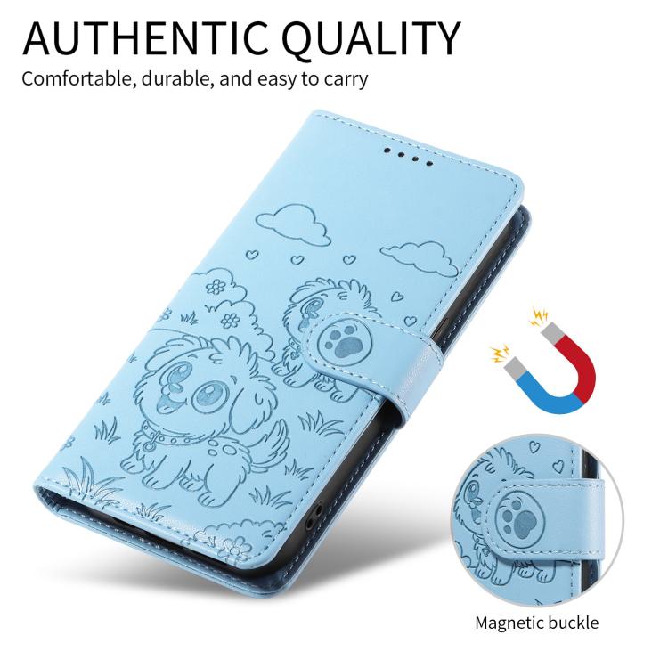 For Motorola Moto G55 5G Embossed Heart Dog RFID Blocking Wallet Leather Phone Case(Sky Blue) - free shipping - PMC TechLife - Order now!