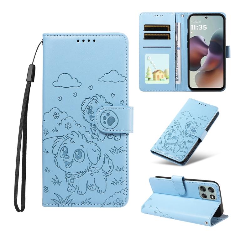 For Motorola Moto G56 5G / G66j Embossed Heart Dog RFID Blocking Wallet Leather Phone Case(Sky Blue) - free shipping - PMC TechLife - Order now!