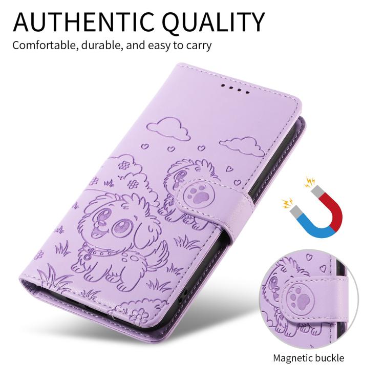 For Motorola Moto G86 5G Embossed Heart Dog RFID Blocking Wallet Leather Phone Case(Purple) - free shipping - PMC TechLife - Order now!