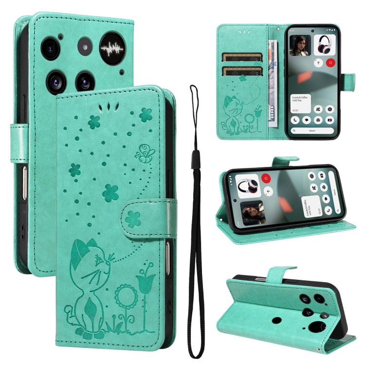 For Nothing Phone 3 Cat and Bee Embossed Flip Leather Phone Case(Green) - free shipping - PMC TechLife - Order now!