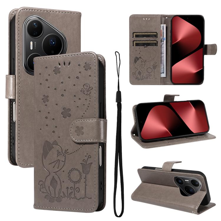For Huawei Pura 80 Pro 5G Cat and Bee Embossed Flip Leather Phone Case(Grey) - free shipping - PMC TechLife - Order now!