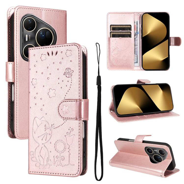For Huawei Pura 80 Ultra 5G Cat and Bee Embossed Flip Leather Phone Case(Rose Gold) - free shipping - PMC TechLife - Order now!