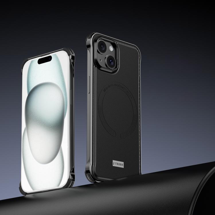 For iPhone 15 J TRIBE Metal Frameless Plain Leather MagSafe Phone Case(Black) - free shipping - PMC TechLife - Order now!