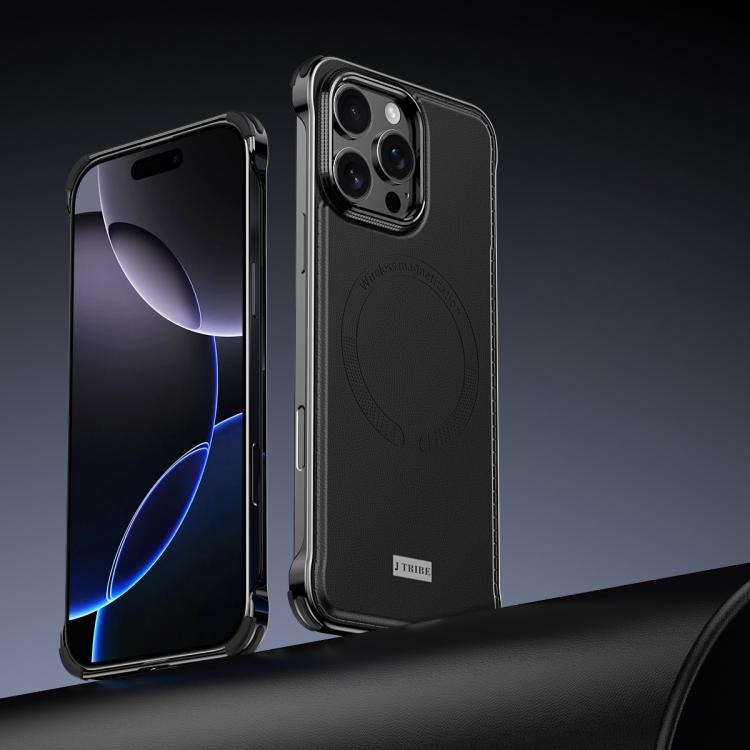 For iPhone 15 Pro Max J TRIBE Metal Frameless Plain Leather MagSafe Phone Case(Black) - free shipping - PMC TechLife - Order now!