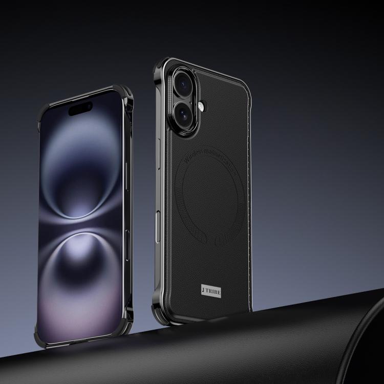 For iPhone 16 J TRIBE Metal Frameless Plain Leather MagSafe Phone Case(Black) - free shipping - PMC TechLife - Order now!