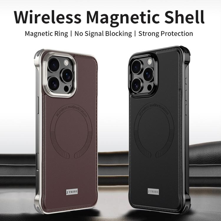 For iPhone 15 Pro J TRIBE Metal Frameless Plain Leather MagSafe Phone Case(Brown) - free shipping - PMC TechLife - Order now!