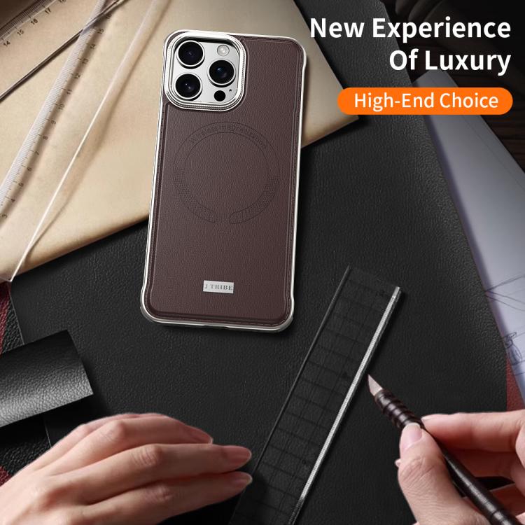 For iPhone 15 J TRIBE Metal Frameless Plain Leather MagSafe Phone Case(Brown) - free shipping - PMC TechLife - Order now!