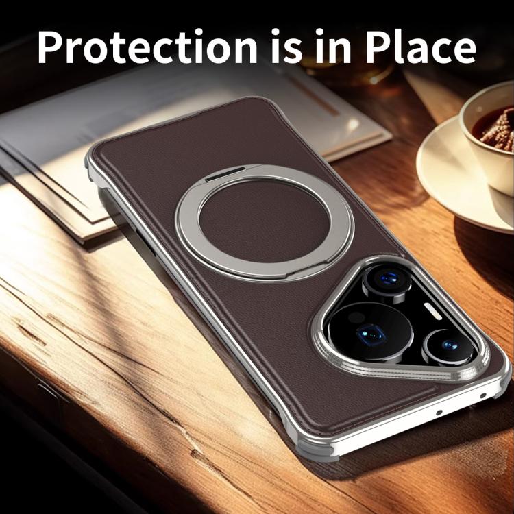 For Huawei Pura 70 Pro Metal Frameless Plain Leather MagSafe Holder Phone Case(Brown) - free shipping - PMC TechLife - Order now!