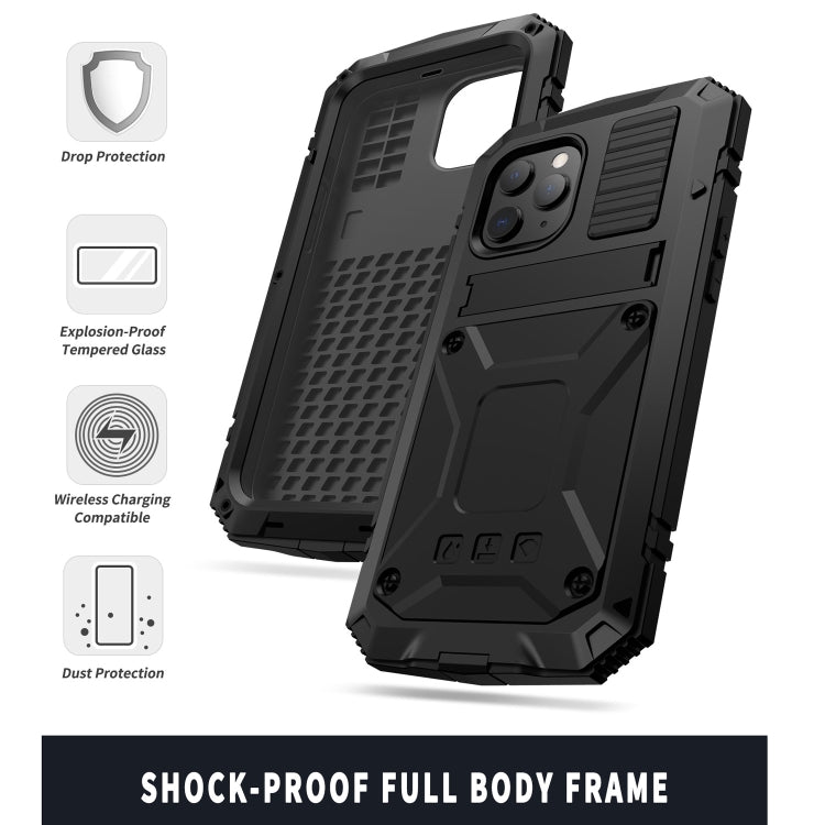 For iPhone 12 / 12 Pro R-JUST Shockproof Waterproof Dust-proof Metal + Silicone Protective Case with Holder(Black) - free shipping - PMC TechLife - Order now!