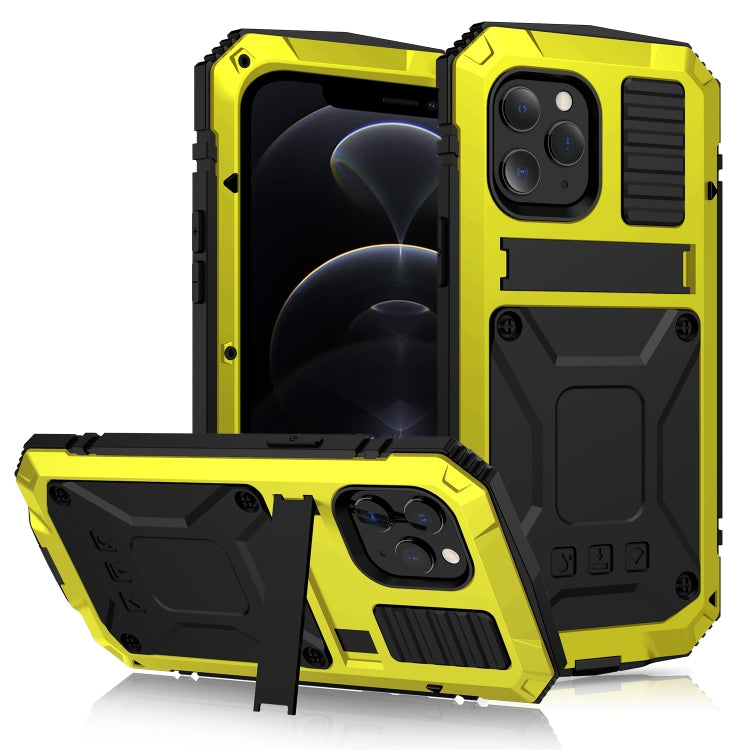 For iPhone 12 / 12 Pro R-JUST Shockproof Waterproof Dust-proof Metal + Silicone Protective Case with Holder(Yellow) - iPhone 12 / 12 Pro Cases by R-JUST | Online Shopping South Africa | PMC TechLife | Buy Now Pay Later Mobicred