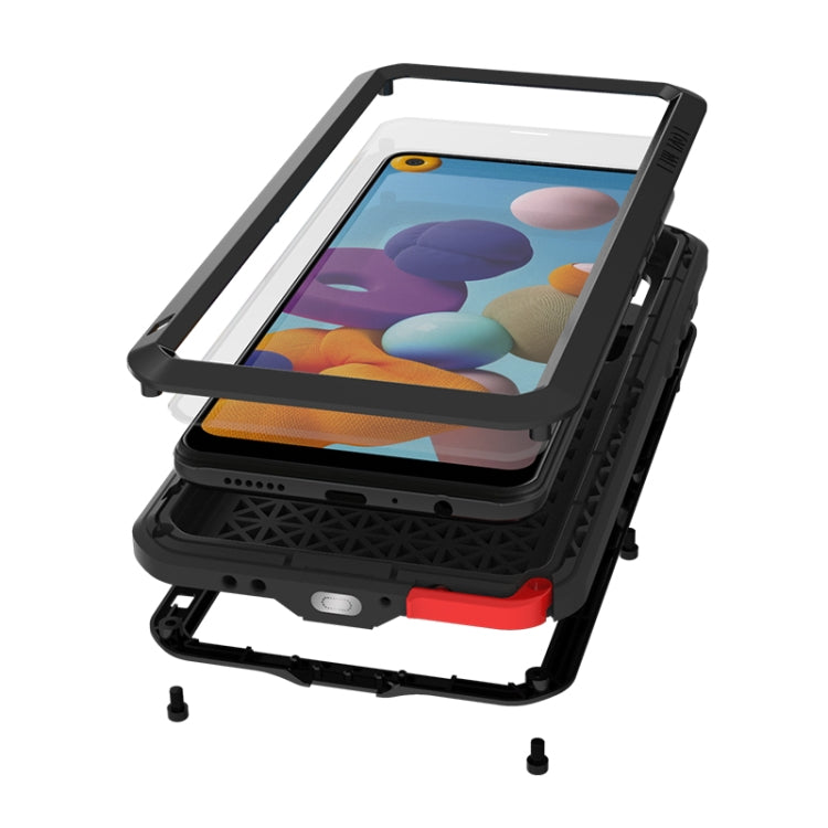 For Samsung Galaxy A21 (US Version) LOVE MEI Metal Shockproof Waterproof Dustproof Protective Case with Glass(Black) - free shipping - PMC TechLife - Order now!