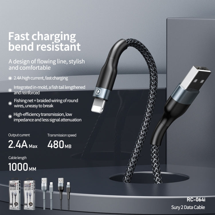 REMAX RC-064i Sury 2 Series 1m 2.4A USB to 8 Pin Data Cable for iPhone, iPad(Black) - Normal Style Cable by REMAX | Online Shopping South Africa | PMC Jewellery | Buy Now Pay Later Mobicred