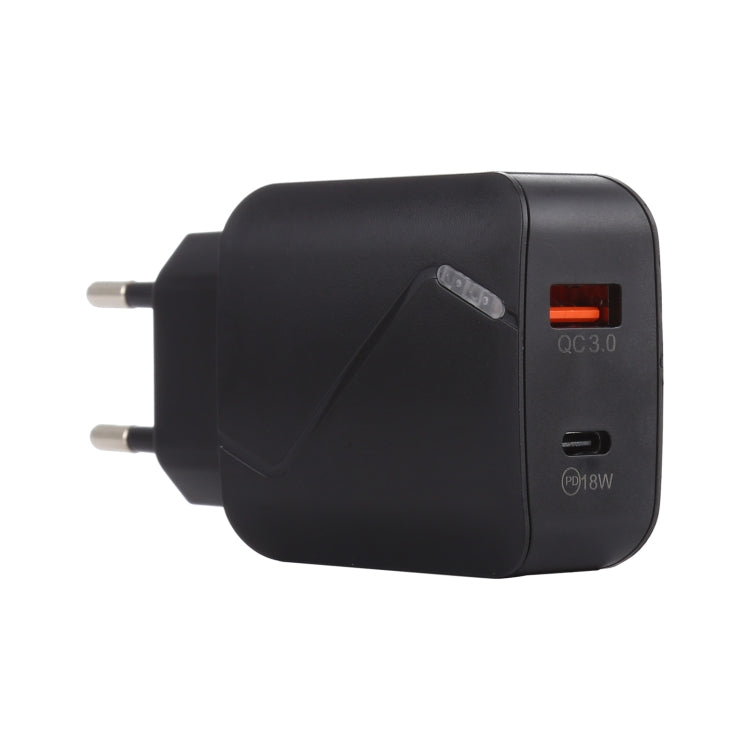 LZ-819A+C QC3.0 USB + PD 18W USB-C / Type-C Interfaces Travel Charger with Indicator Light, EU Plug (Black) - free shipping - PMC Jewellery - Order now!