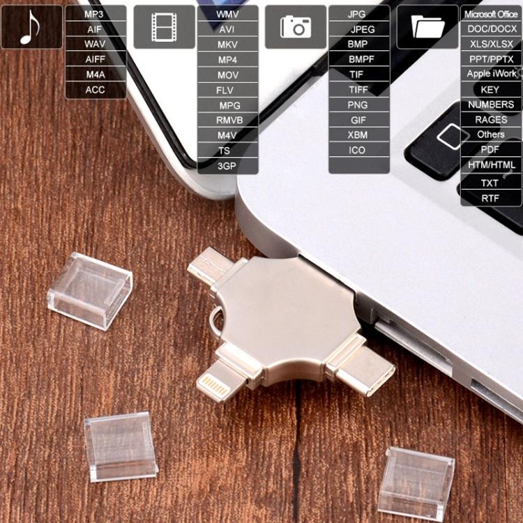 Cross 4 in 1 32GB 8 Pin + Micro USB + USB-C / Type-C + USB 3.0 Metal Flash Disk(Silver) - USB Flash Drives by PMC Jewellery | Online Shopping South Africa | PMC Jewellery | Buy Now Pay Later Mobicred