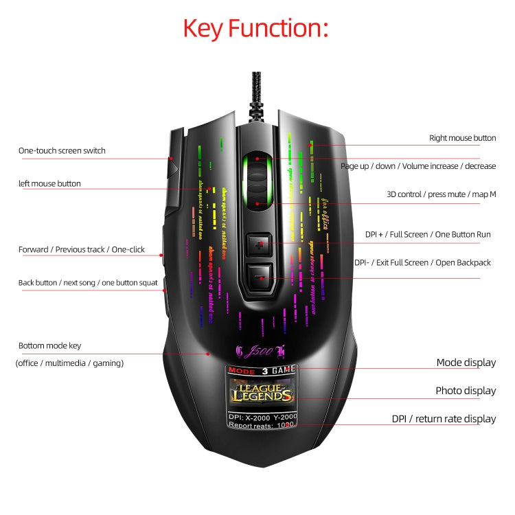 HXSJ J500 7 Keys RGB Programmable Display Screen Gaming Wired Mouse - free shipping - PMC Jewellery - Order now!