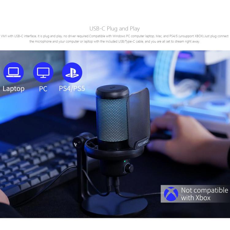 FEELWORLD VM1 USB Condenser Gaming Microphone for Streaming Noise Cancellation Mute RGB Light Desktop Stand (Black) - Microphone by FEELWORLD | Online Shopping South Africa | PMC TechLife | Buy Now Pay Later Mobicred