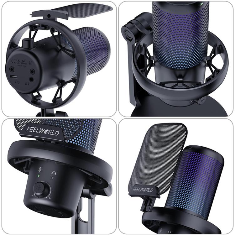 FEELWORLD VM1 USB Condenser Gaming Microphone for Streaming Noise Cancellation Mute RGB Light Desktop Stand (Black) - Microphone by FEELWORLD | Online Shopping South Africa | PMC TechLife | Buy Now Pay Later Mobicred