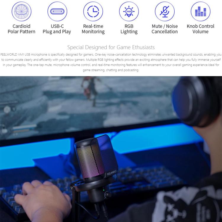 FEELWORLD VM1 USB Condenser Gaming Microphone for Streaming Noise Cancellation Mute RGB Light Desktop Stand (Black) - Microphone by FEELWORLD | Online Shopping South Africa | PMC TechLife | Buy Now Pay Later Mobicred