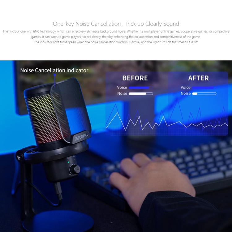 FEELWORLD VM1 USB Condenser Gaming Microphone for Streaming Noise Cancellation Mute RGB Light Desktop Stand (Black) - Microphone by FEELWORLD | Online Shopping South Africa | PMC TechLife | Buy Now Pay Later Mobicred