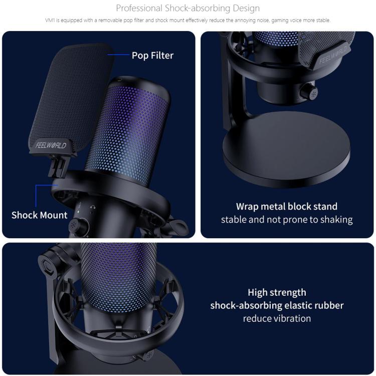 FEELWORLD VM1 USB Condenser Gaming Microphone for Streaming Noise Cancellation Mute RGB Light Desktop Stand (Black) - Microphone by FEELWORLD | Online Shopping South Africa | PMC TechLife | Buy Now Pay Later Mobicred