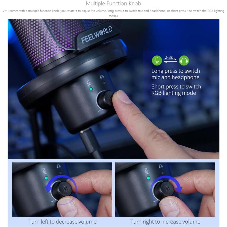 FEELWORLD VM1 USB Condenser Gaming Microphone for Streaming Noise Cancellation Mute RGB Light Desktop Stand (Black) - Microphone by FEELWORLD | Online Shopping South Africa | PMC TechLife | Buy Now Pay Later Mobicred