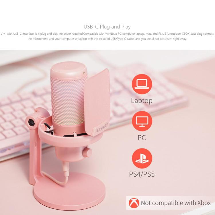 FEELWORLD VM1 USB Condenser Gaming Microphone for Streaming Noise Cancellation Mute RGB Light Desktop Stand (Pink) - Microphone by FEELWORLD | Online Shopping South Africa | PMC TechLife | Buy Now Pay Later Mobicred
