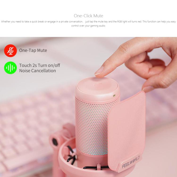 FEELWORLD VM1 USB Condenser Gaming Microphone for Streaming Noise Cancellation Mute RGB Light Desktop Stand (Pink) - Microphone by FEELWORLD | Online Shopping South Africa | PMC TechLife | Buy Now Pay Later Mobicred