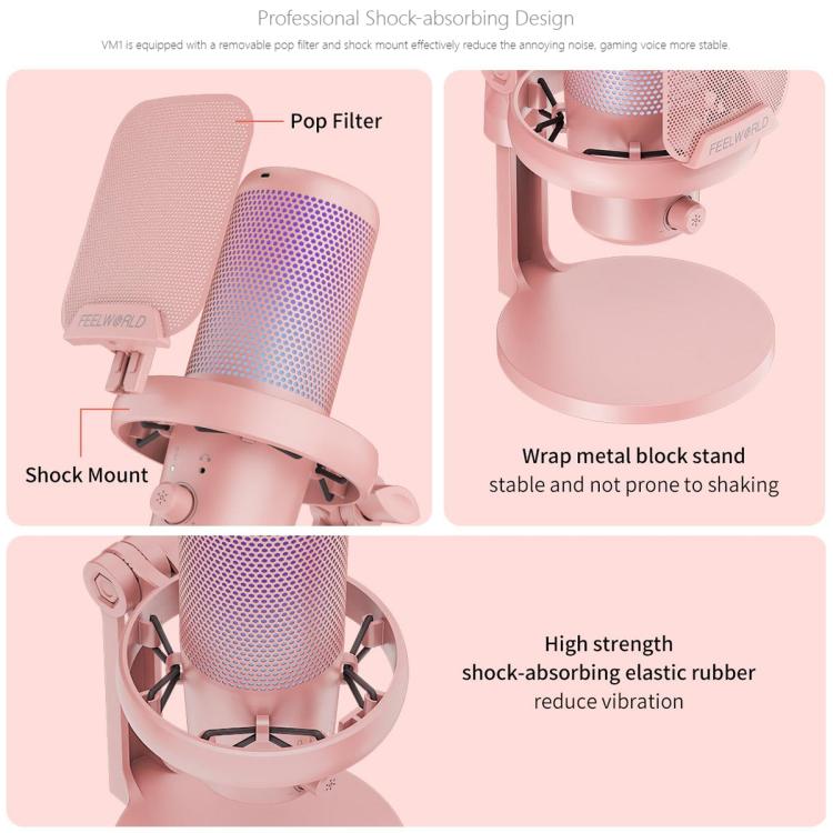 FEELWORLD VM1 USB Condenser Gaming Microphone for Streaming Noise Cancellation Mute RGB Light Desktop Stand (Pink) - Microphone by FEELWORLD | Online Shopping South Africa | PMC TechLife | Buy Now Pay Later Mobicred