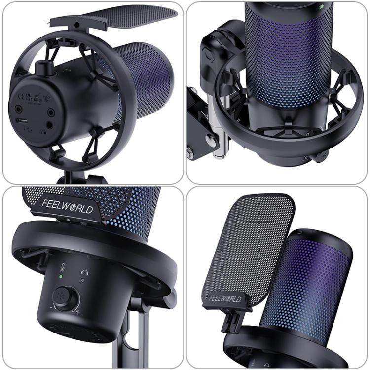 FEELWORLD VM1 USB Condenser Gaming Microphone for Streaming Noise Cancellation Mute RGB Light Boom Arm Stand (Black) - Microphone by FEELWORLD | Online Shopping South Africa | PMC TechLife | Buy Now Pay Later Mobicred